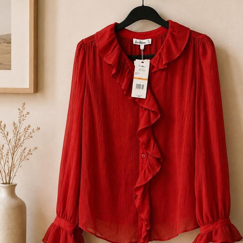 Sam Edelman Red Ruffle Blouse Sheer Long Sleeve NWT Size Small